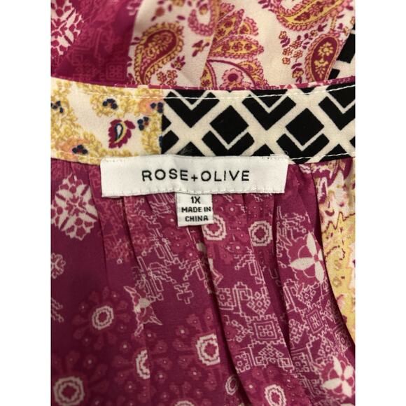 Rose & Olive Top 1X Patchwork Blouse Chiffon Boho Artsy Purple Yellow Black - Picture 5 of 8